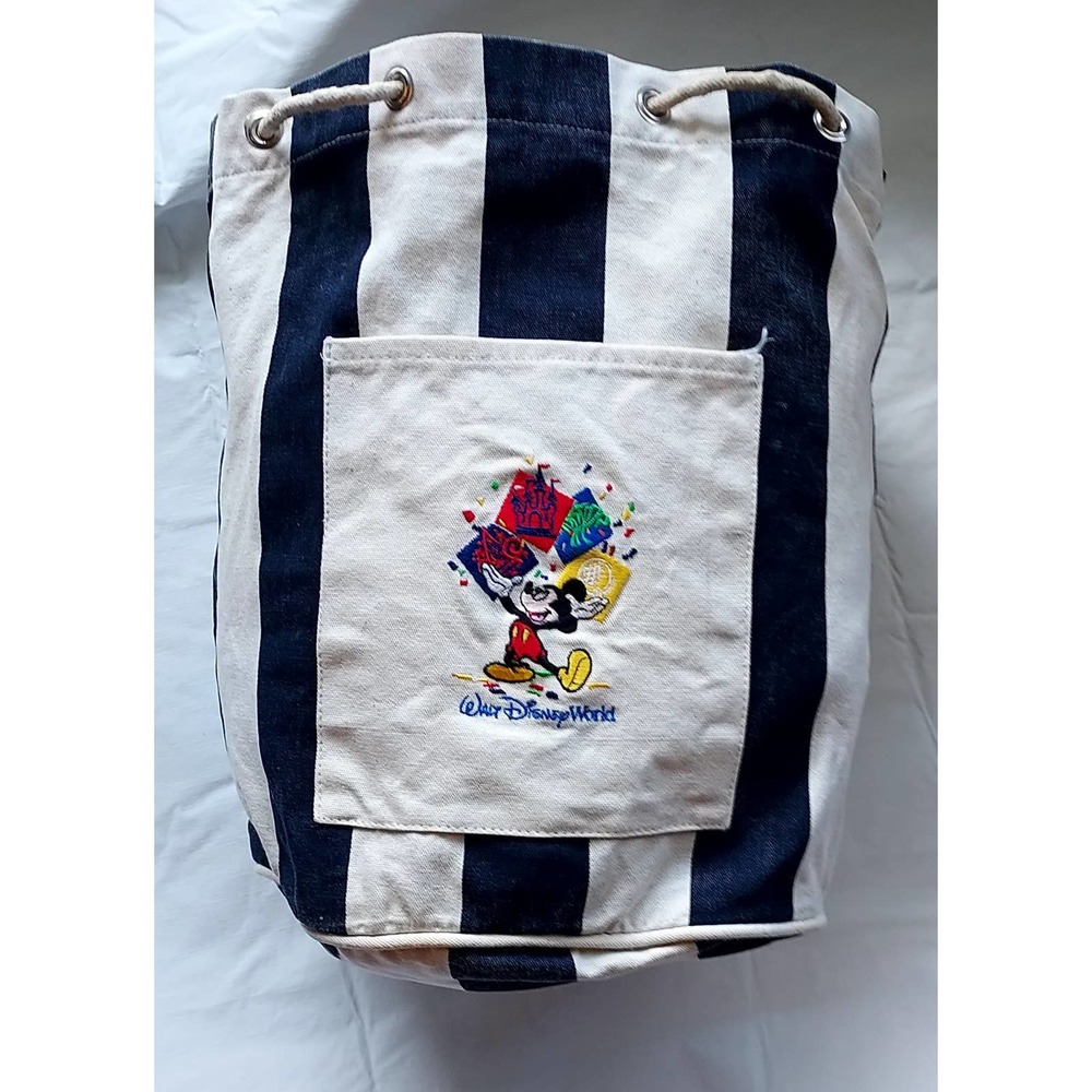 Walt Disney World Mickey Mouse Drawstring  Canvas Beach Bag 15"  Blue/Natural